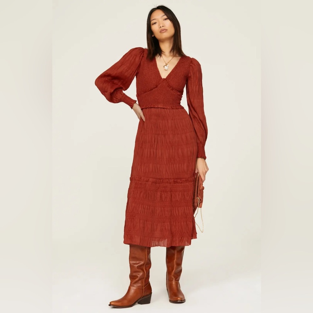 SEA New York Pasha Pleated Smocked Midi Dress in Rust size XS